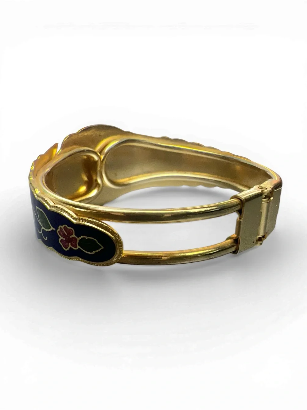 Vintage Cloisonne Butterfly Floral Gold Tone Hinged‎ Bracelet Enamel Bangle